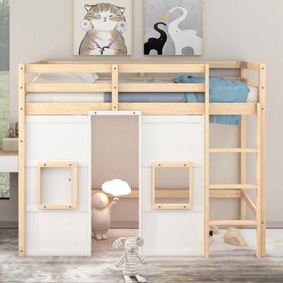 White Twin Pine Loft Bed with Wardrobe, Windows, Guardrails