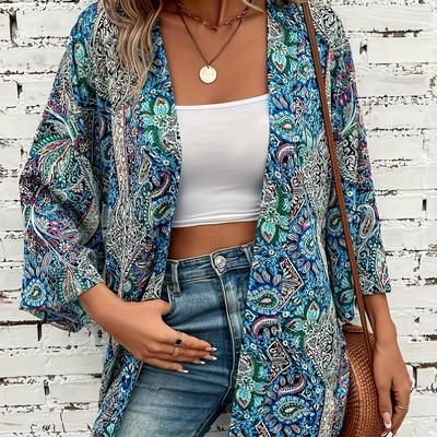 TEMU Paisley Floral Print Up, Batwing Sleeve Beach Kimono Cardigan, Women's Swimwear & Clothing Image