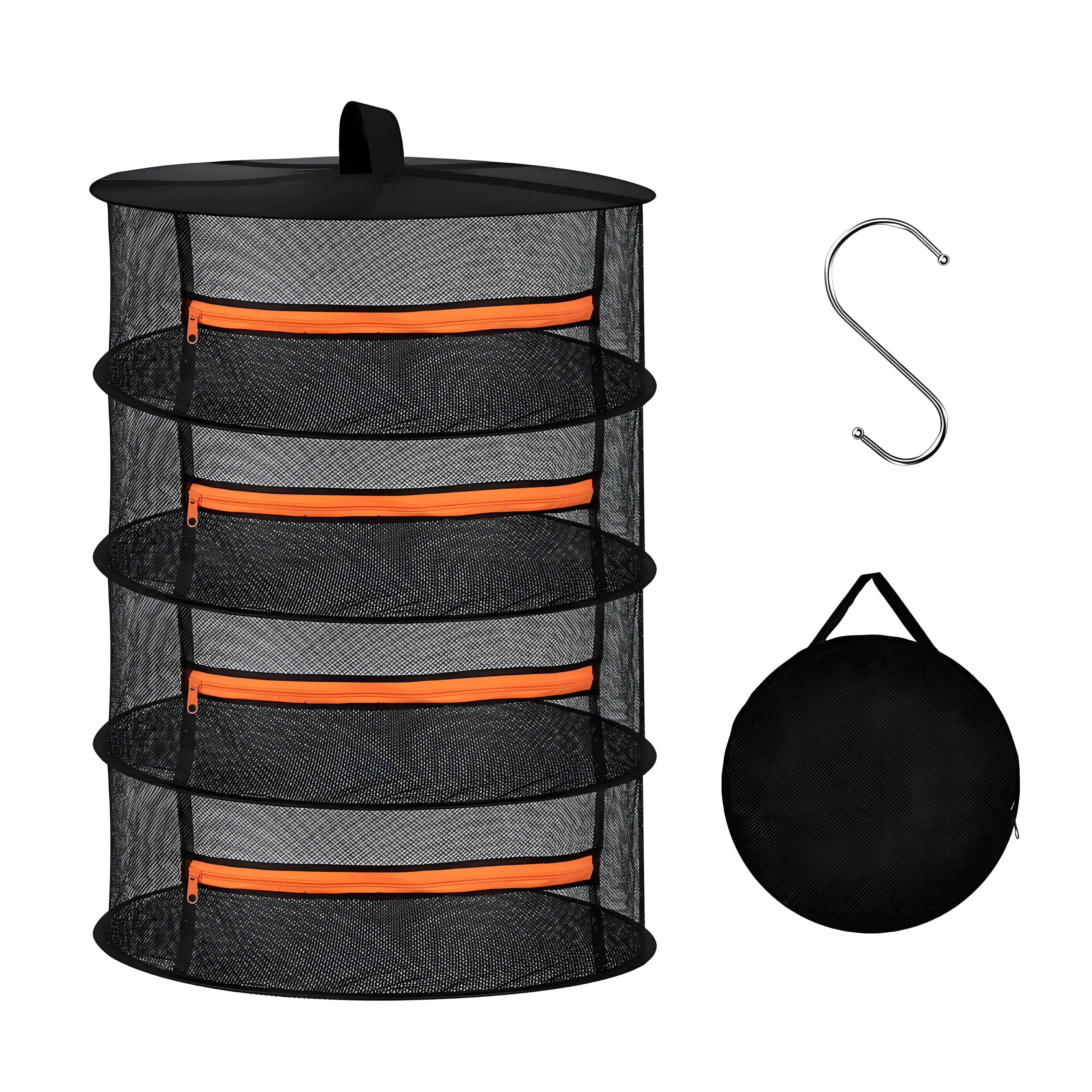 2ft Kräuter-Trockengestell mit S-Haken, 2/4/6/8-lagiges, faltbares Netz, Hängekorb, Trocknernetz mit orangefarbenen Reißverschlüssen für Samen, Blumen, Knospen Image
