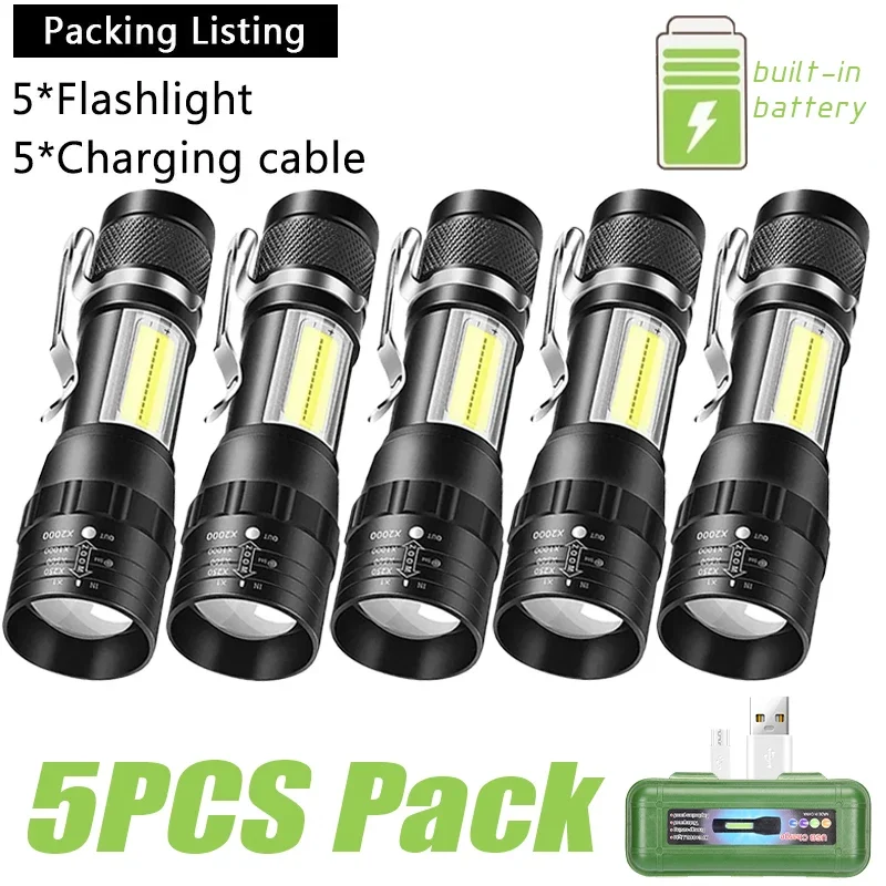 1-5PCS Mini LED Taschenlampe Zoom Taschenlampe COB + XPE Lampe Eingebaute Batterie Lampe Im Freien Wasserdichte Notfall taschen Licht Mit Stift Clip Image