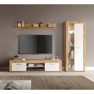 Wohnwand INOSIGN "Aosta, Breite 235cm, bestehend aus Lowboard, Wandboard, Vitrine", weiß (wotan eiche nachbildung, weiß), B:235cm H:159cm T:35cm, Holzwerkstoff, Kastenmöbel-Sets, Wohnwand, Kombination, Anbauwand, Möbel Set, Schrankwand, Möbel Kombi Image
