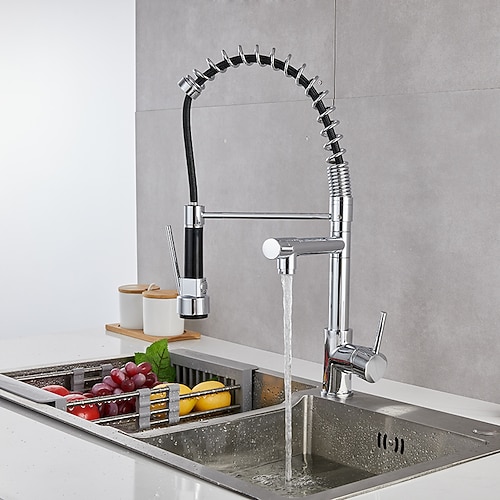 Küchenspüle Mischbatterie Ausziehbrause, Einhebelauszieharmaturen, 360° schwenkbarer Kalt-Warmwasser-Messinghahn vergoldet chrom schwarz Image