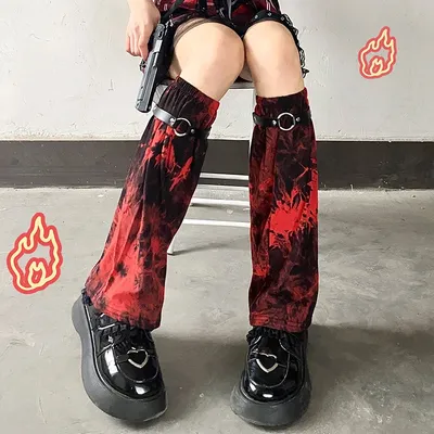 Red Tie Dye Leg Warmer With Fixed Strap For Unisex Y2k Girl Calf-length Long Socks Japanese Gothic