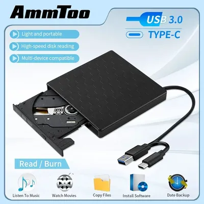 AMMTOO External DVD Drive USB 3.0 Portable +/-RW Player for CD ROM Burner Compatible with Laptop