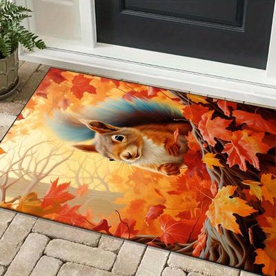 TEMU 3d Autumn Squirrel Printed Rug - Vibrant Fall , Anti-slip Polyester Floor Mat For Outdoor Patio, Garden, Bedroom, Or Living Room Decor, 800g/m² , Fall Decorations For Home Image