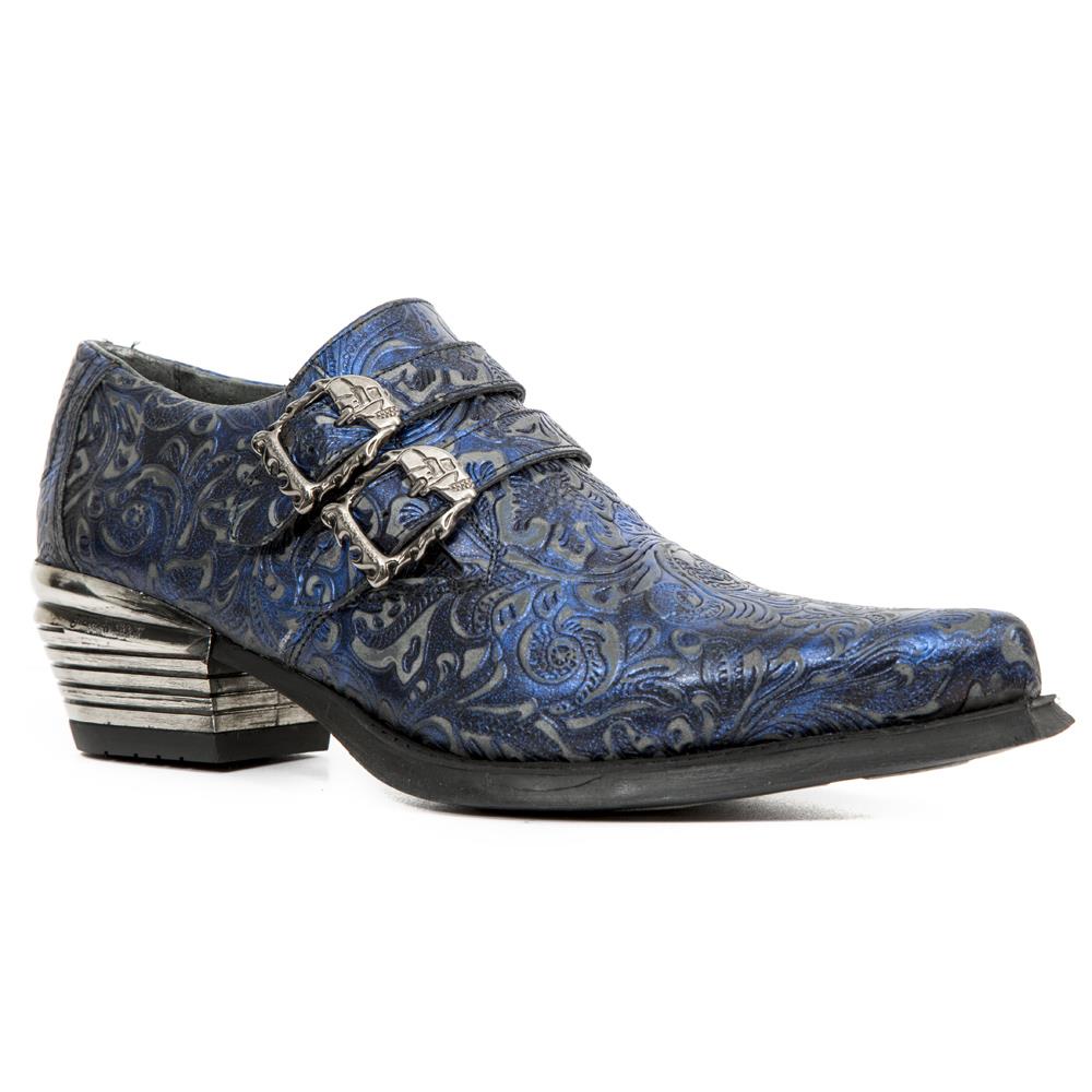 New Rock Vintage Blue Floral Lederschnallenschuhe-7960-S7