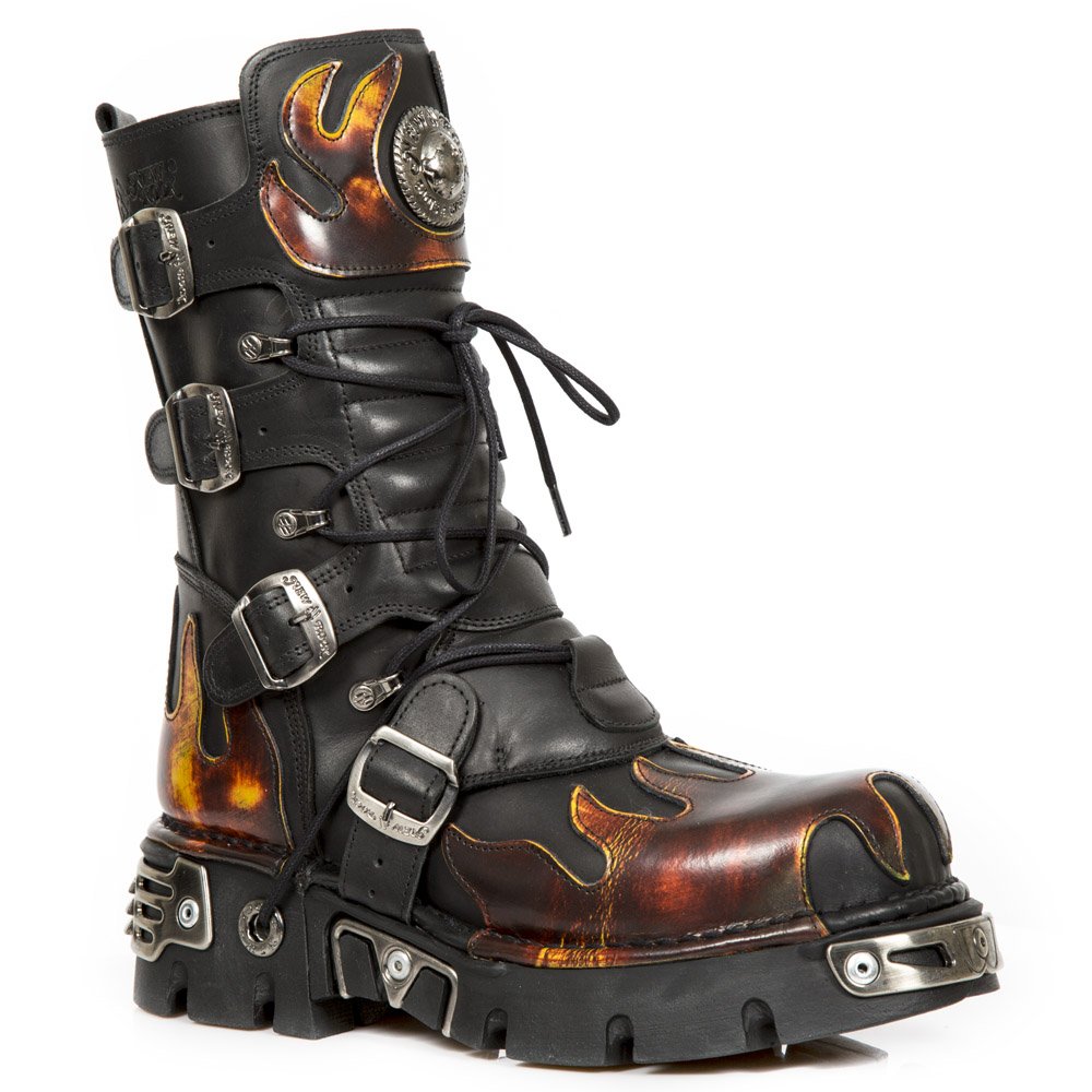 New Rock Flame Akzentuierte schwarz/rote Lederstiefel – 591-S1