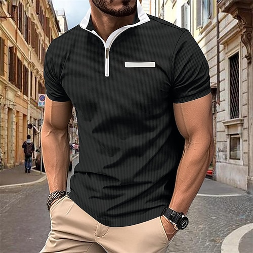 Herren Waffel-Poloshirt Poloshirt mit Viertelreißverschluss Täglich Festtage Viertel Postleitzahl Kurzarm Modisch Basic Farbblock Frühling Sommer Regular Fit Schwarz Weiß Rote Marineblau Khaki Hell Image
