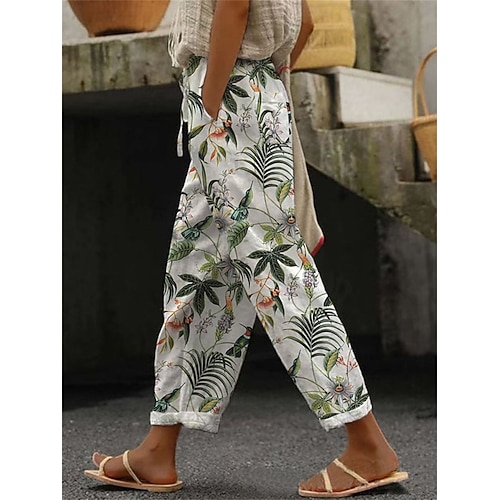 Damen Hosen Hose Gerade Streetwear Lässig Lang Hohe Taille Herz Blumen Blatt Tasche Drucken Elastisches Kordelzugdesign Atmungsaktivität Weich Mikroelastisch Urlaub Straße Alltagskleidung Weiß Rot Image