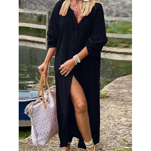 Damen Maxikleid 100% Baumwolle Kaftan Kleid Freizeitkleid Basic Modern Täglich Wochenende Lässiger Schnitt Einfach Halbarm V Ausschnitt Schwarz Marineblau Braun Grün Sommer Frühling Image