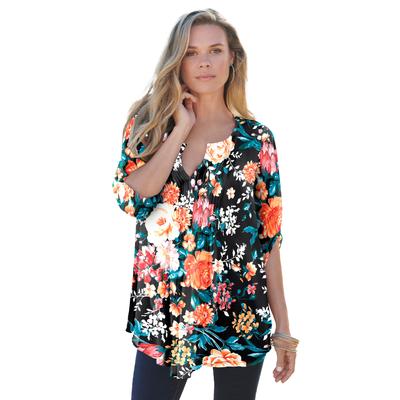 Plus Size Women's Tara Pleated Big Shirt by Roaman's in Black Rose Floral (Size 24 W) Top