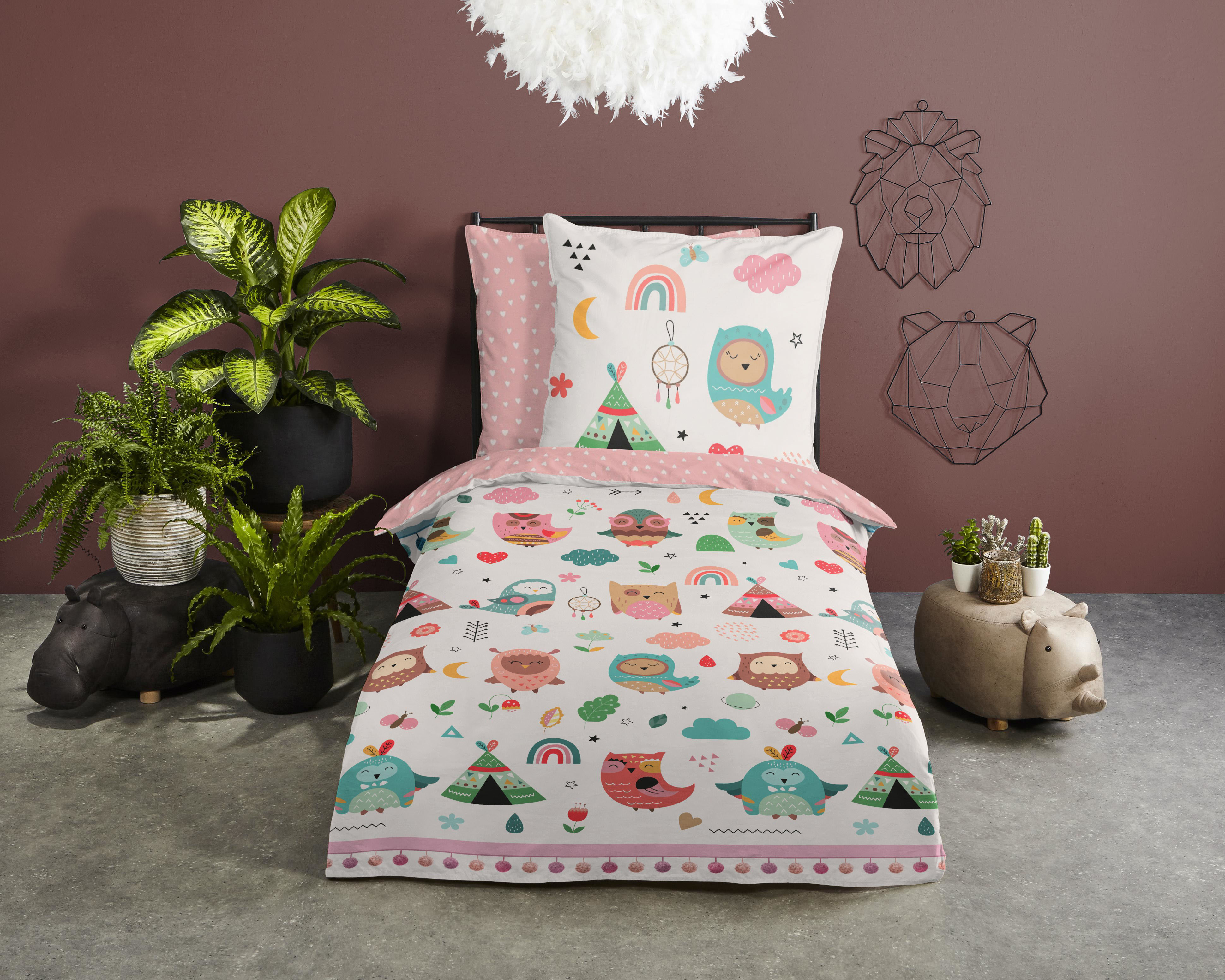Kinderbettwäsche GOOD MORNING "Wise", rosa, B/L: 135cm x 200cm, 1 Stk., 1 Stk., Renforcé, B/L: 80cm, Renforcé, Obermaterial: 100% Baumwolle, Bettwäsche, Baumwolle, 135x200, Reißverschluss, Wende, Kind, Mädchen, Eule, Rosa Image