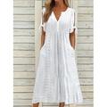 Tenue décontractée Robe d'été Robe plissée Femme Plein Dentelle Ruché Col V Mode Elégant Extérieur du quotidien Manche Courte Ample Blanche Rose Claire Bleu Eté Printemps S M L XL XXL
