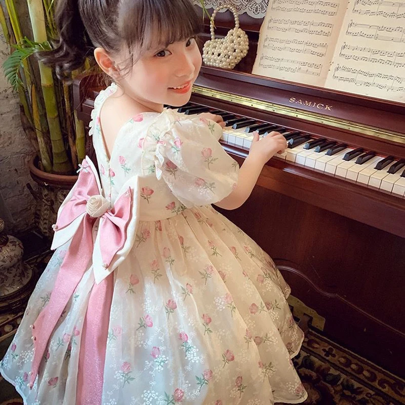 2024 Sommer neue Mädchen Prinzessin Kleid Voll druck Blumen Puff Ärmel Bogen Mesh Schneiderei Geburtstags feier Kleid für 2-12 Jahre Kinder Image