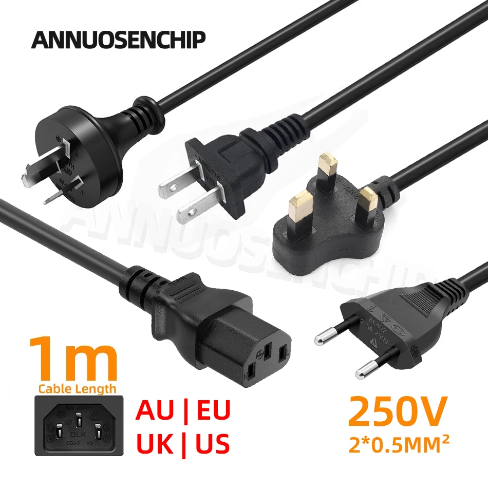 Schwarz 1 m EU AU UK US-Stecker Stromkabel IEC 320 C13 AC-Netzteil Kabel Verlängerungskabel für PC Computer Monitor TV Lautsprecher Drucker Image