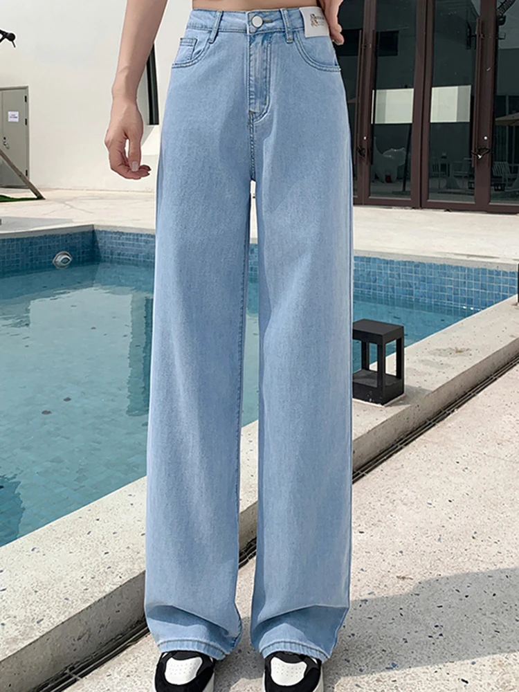 Sommer Dünne Frau Hohe Taille Hose Weibliche 2024 Neue Eis Fetzen Lose Gewaschen Streetwear Jeans Schwarz Blau Lyocell Breite Bein Hosen