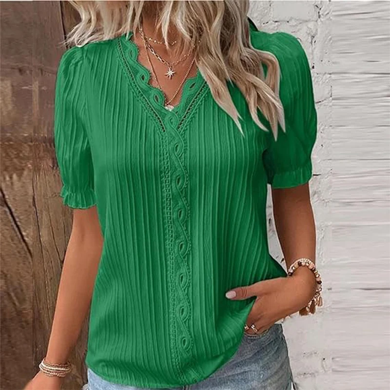 2024 neue Sommer frauen Top Solide Sexy V-ausschnitt Hohl Kurzarm Shirt Mode Splice Plus Größe Bluse Lose Straße Bekleidung