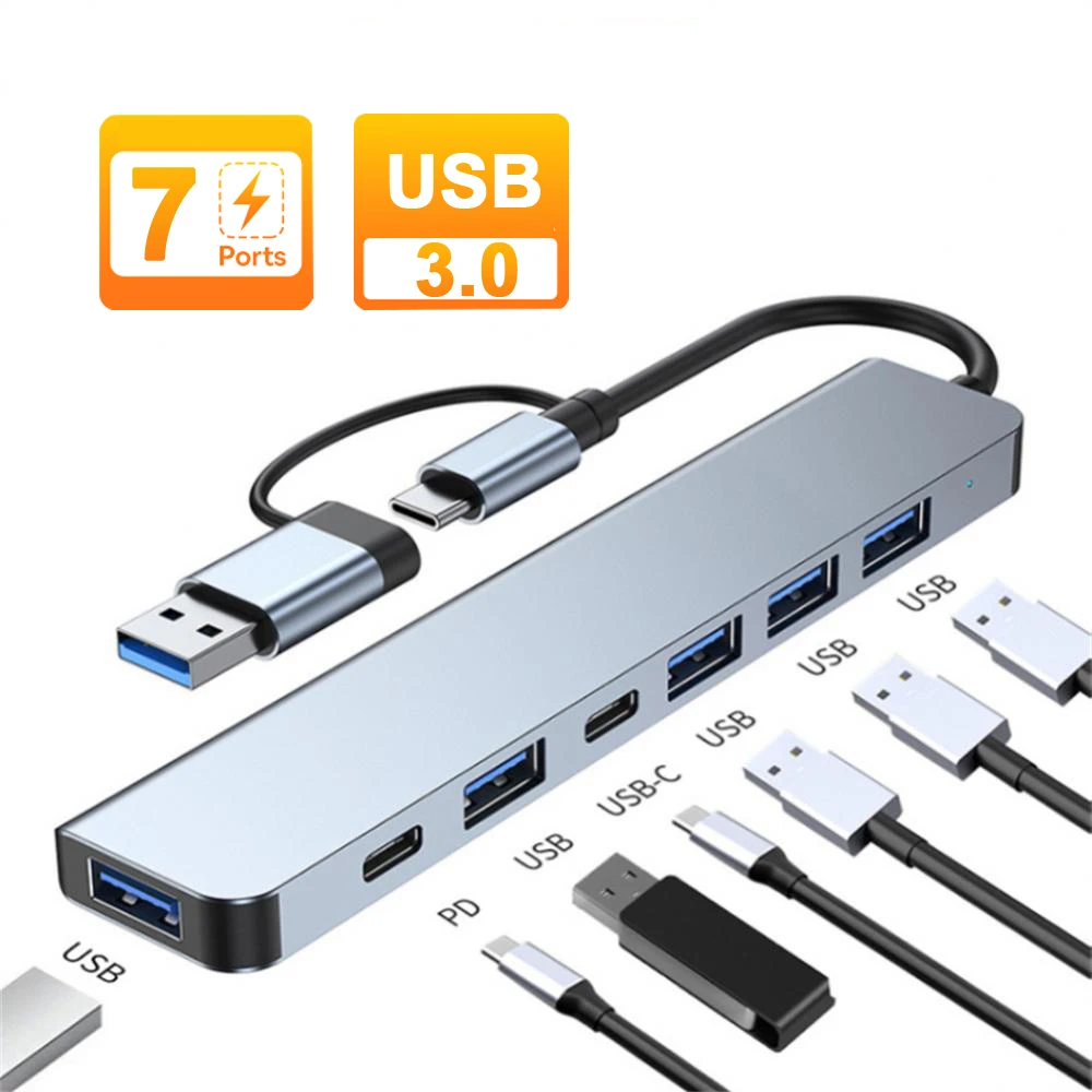 7-Port USB C HUB Multi USB Splitter USB 3.0 HUB Typ C zu USB OTG Adapter USB Dock Station mit PD SD TF für Xiaomi MacBook Pro Image