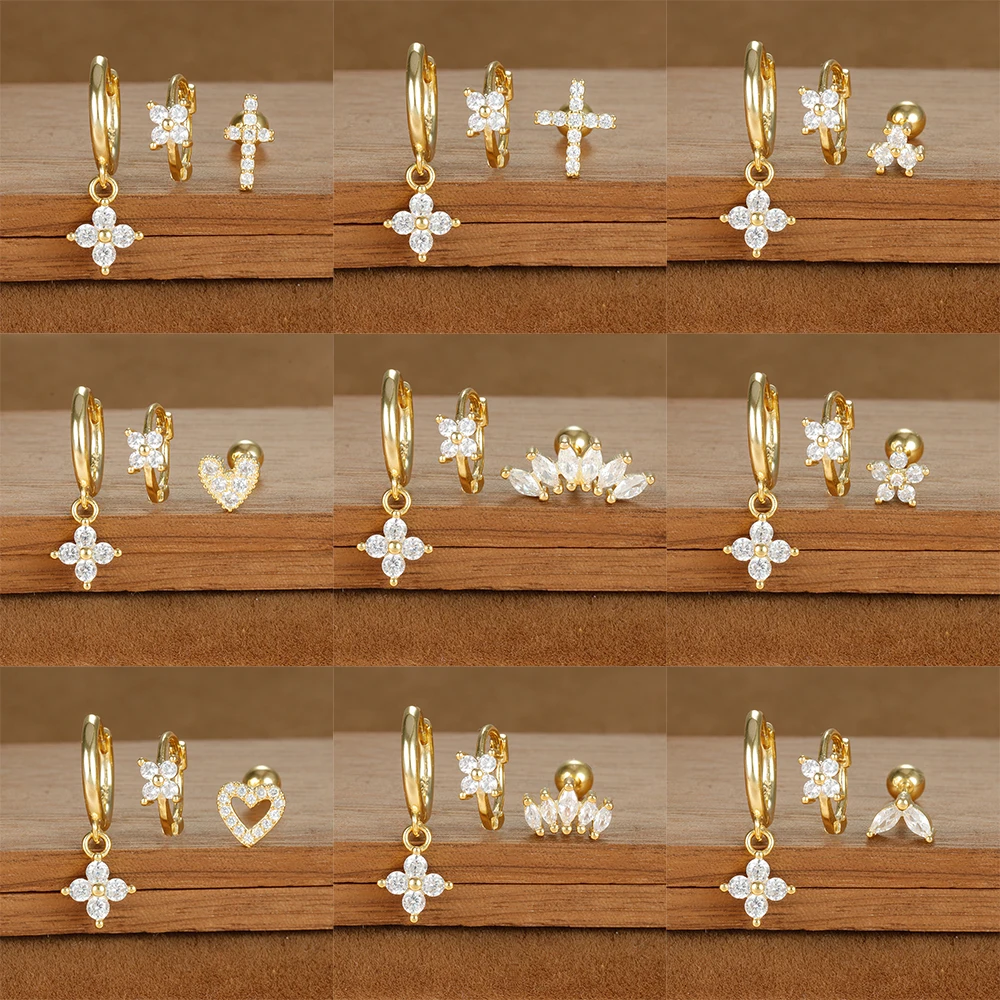 Vintage Gold Farbe Zirkon Blume Anhänger Creolen Set für Frauen Edelstahl Mode Huggies Piercing Schmuck aretes Image