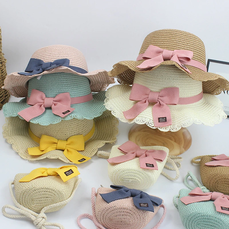 Kinder Sonnenhut Mädchen Sommer Neue Stroh Tasche Kappe Set Baby Reise Sonnenschutz Strand Hüte Sonne Fischer Hut für Kind Image