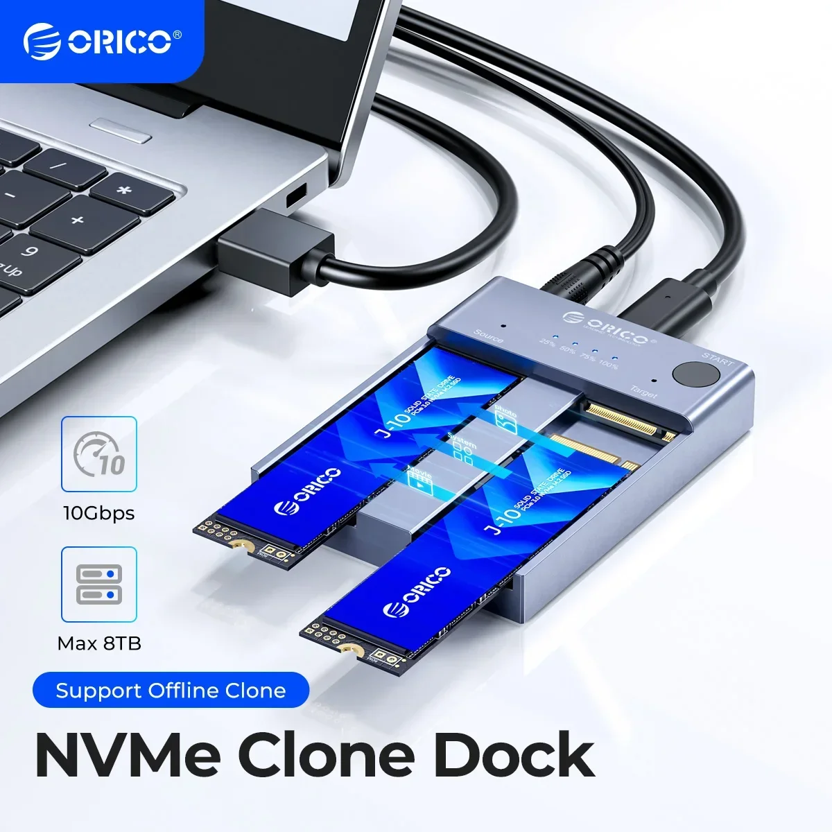 Orico m.2 nvme cloner dual bay nvme usb c zu nvme ssd gehäuse aluminium m.2 duplikator offline clone für pcie m-key ssds 8tb Image