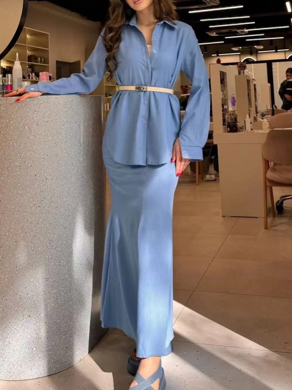 Eid muslimische Sets 2-teiliges Set für Frauen Button-up-Shirt & Rock Ramadan Frau Kimono Robe Kaftan 2024 Musulman Ensembles Anzüge Image