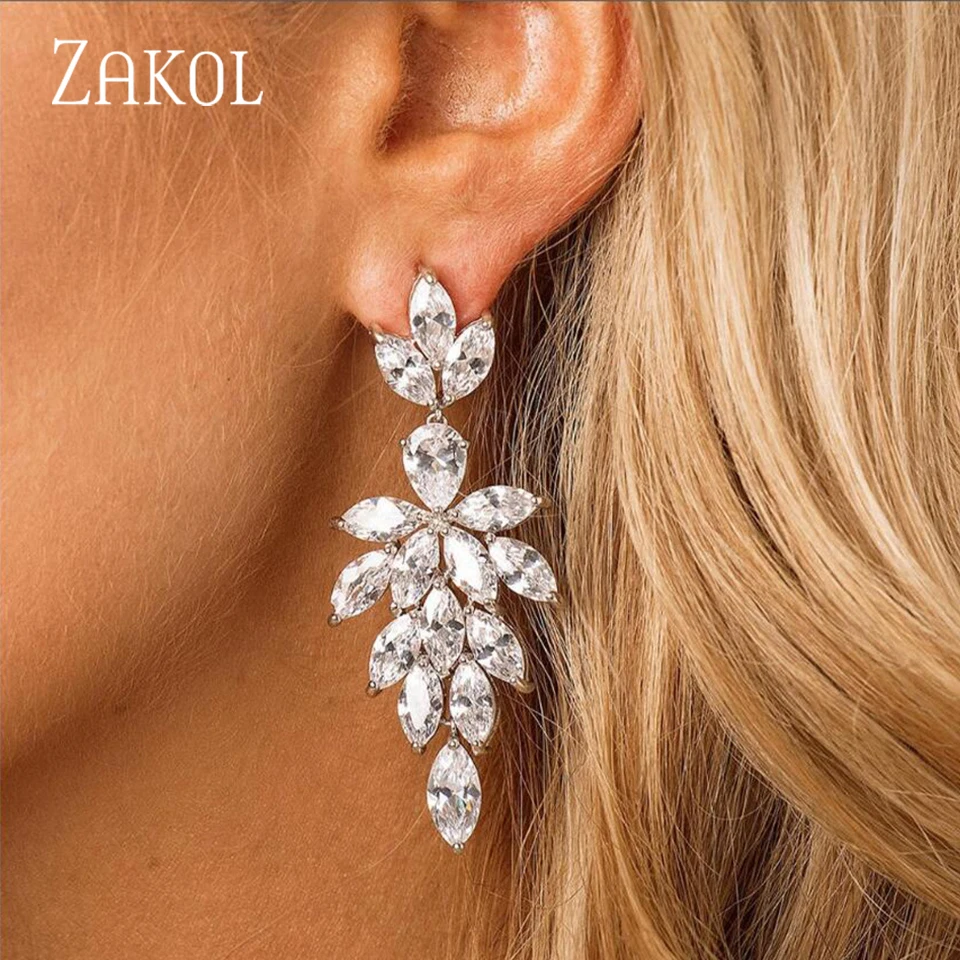 Zakol korea marquise zirkon blatt baumeln ohrringe für frauen mode braut hochzeits feier schmuck tropfen versand ep2168 Image