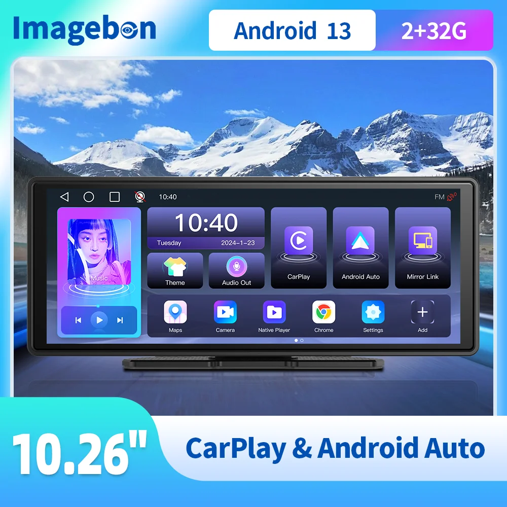 Imagebon E20 10,26 Zoll Dashcam Android 13 Spotify Netflix Media Player Wireless Carplay Android Auto Auto DVR AI Sprachsteuerung Image