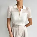 T-shirt lavorata a maglia di seta di ghiaccio estiva Polo da donna Polo coreana elegante manica
