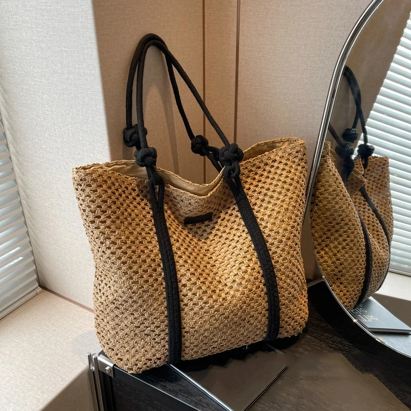 Sac à main élégant en paille tissé pour femmes, sac de plage de vacances, fourre-tout décontracté à poignée supérieure, sacs à bandoulière sous les bras à la mode