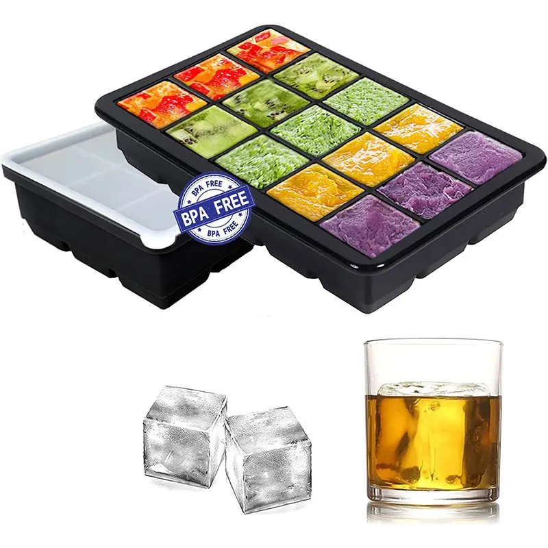 Große quadratische Eiswürfelschalen mit 6/15 Gittern, flexible Silikon-Eiswürfelformen mit Deckel, stapelbarer Eiswürfelbereiter für Gefrierbehälter Image