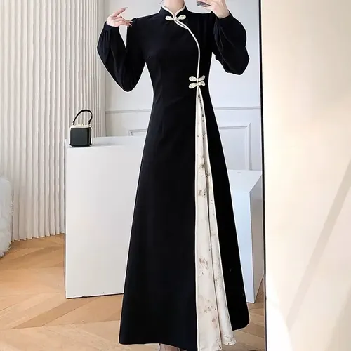 Damenmode Knöpfe langes Kleid Herbst Winter schlanke Pullover im chinesischen Stil Patchwork Damen