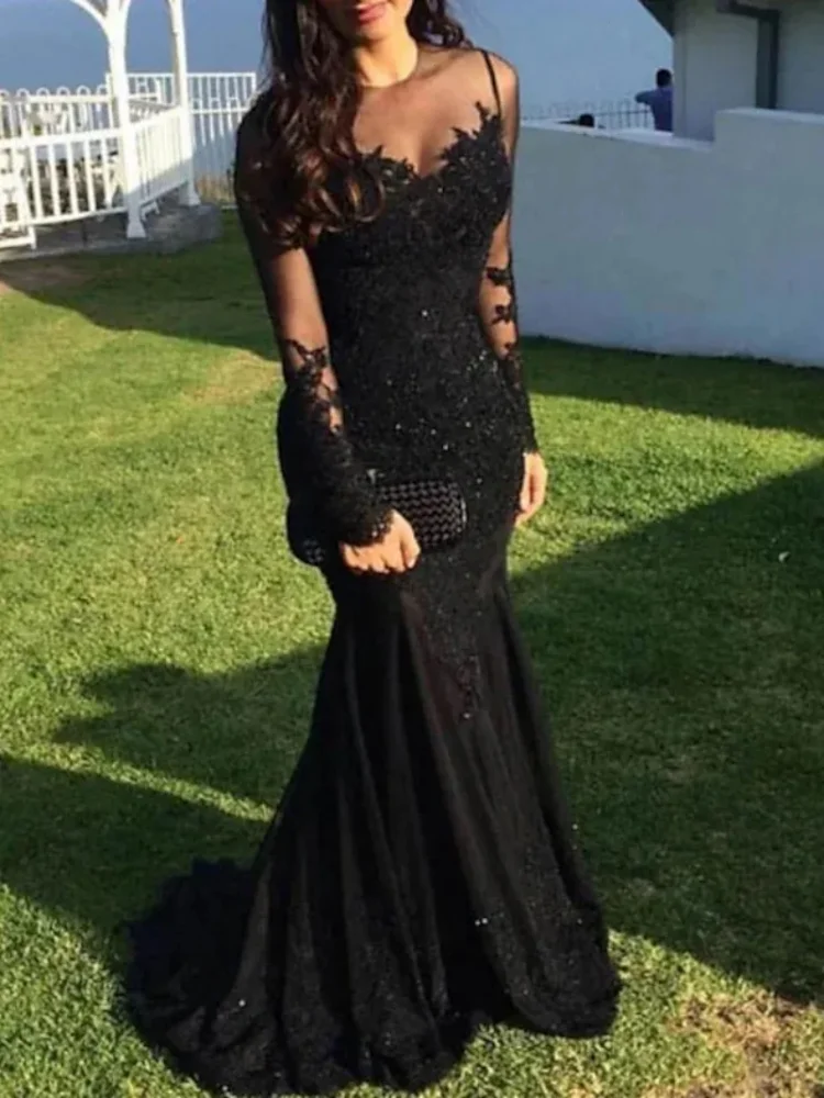 Sexy schwarze Meerjungfrau-Abschlussballkleider mit O-Ausschnitt und langen Ärmeln und Applikationen, formelles Abendkleid, Partykleid, Vestidos de Noche
