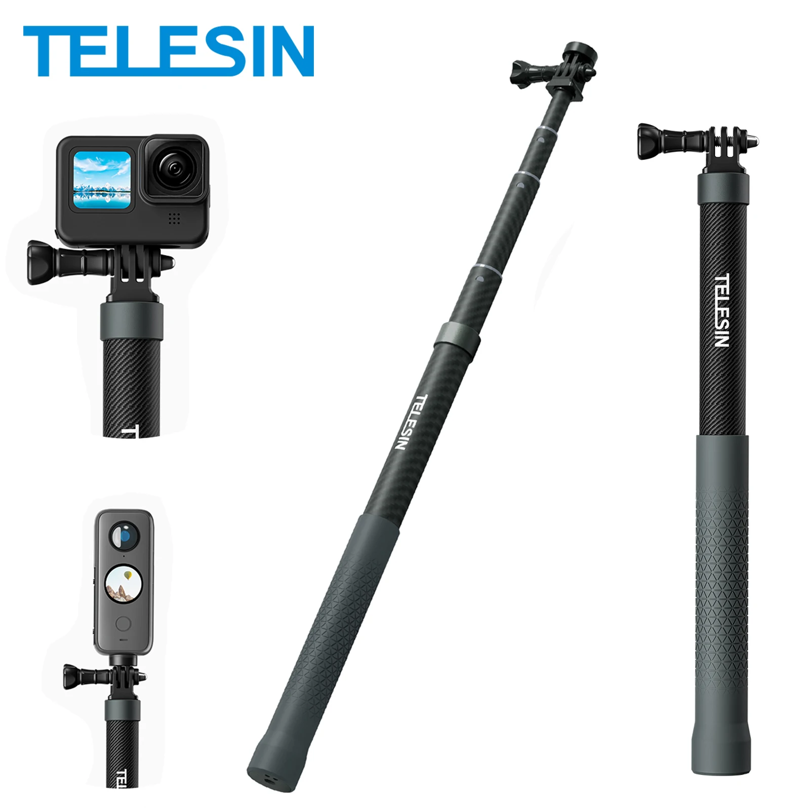 Telesin 3m 1,2 m Kohle faser Selfie Stick Ein beins tativ Einstell länge ausziehbar mit Schraube für gopro insta360 dji osmo Aktion Image