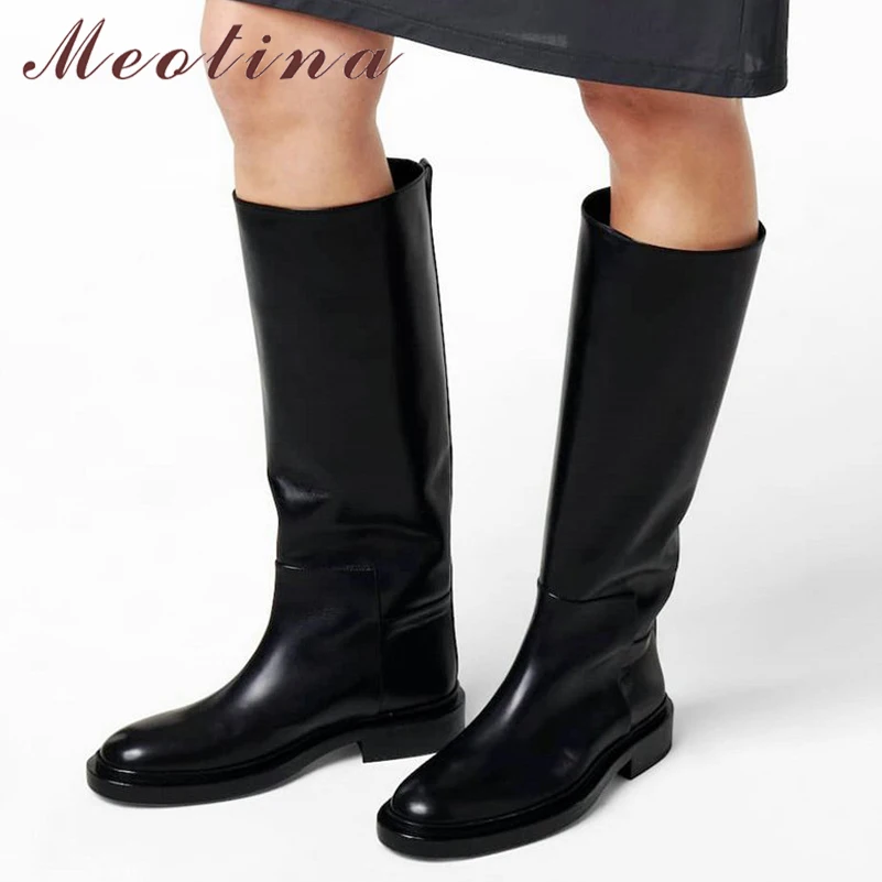 Meotina Frauen Echtes Leder Kniehohe Stiefel Runde Kappe Flache Mode Damen Marke Design Lange Stiefel Herbst Winter Schuhe Schwarz 43