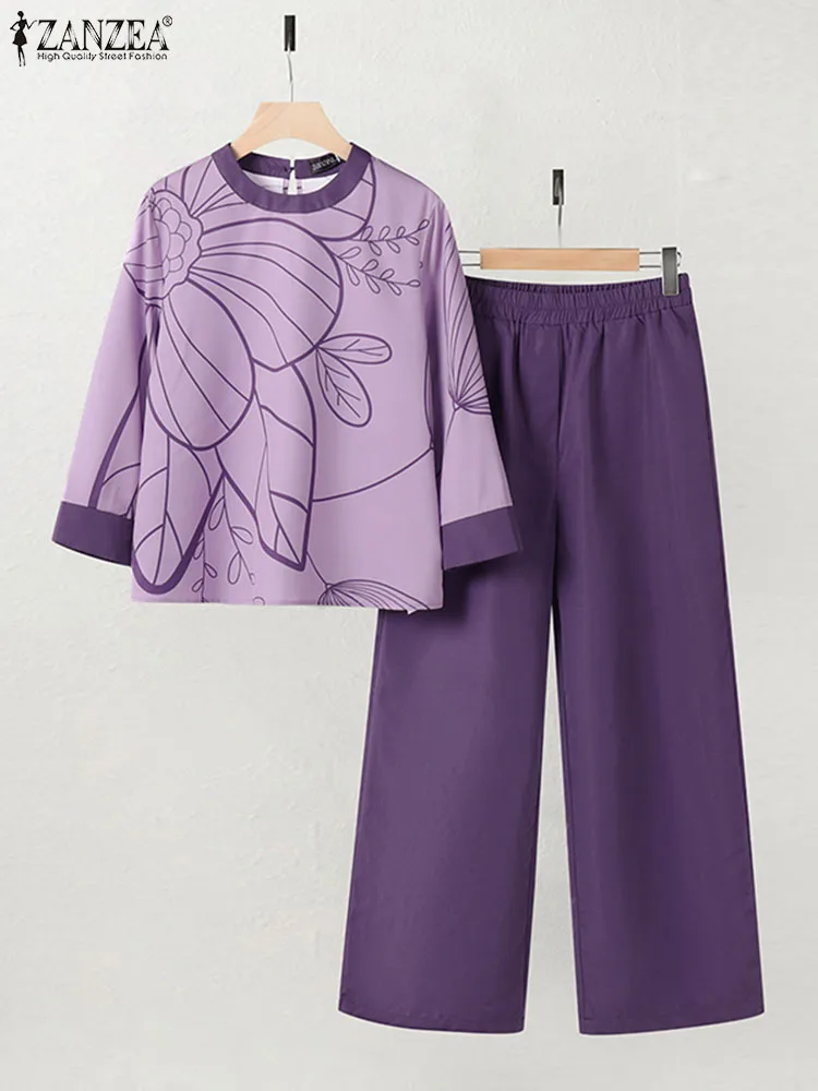 Zanzea Mode Frauen Sommer Trainings anzug elegante 3/4 Ärmel Bluse Hose Sets Freizeit arbeit Outifit Blumen bedruckte Hose Anzüge 2St Image