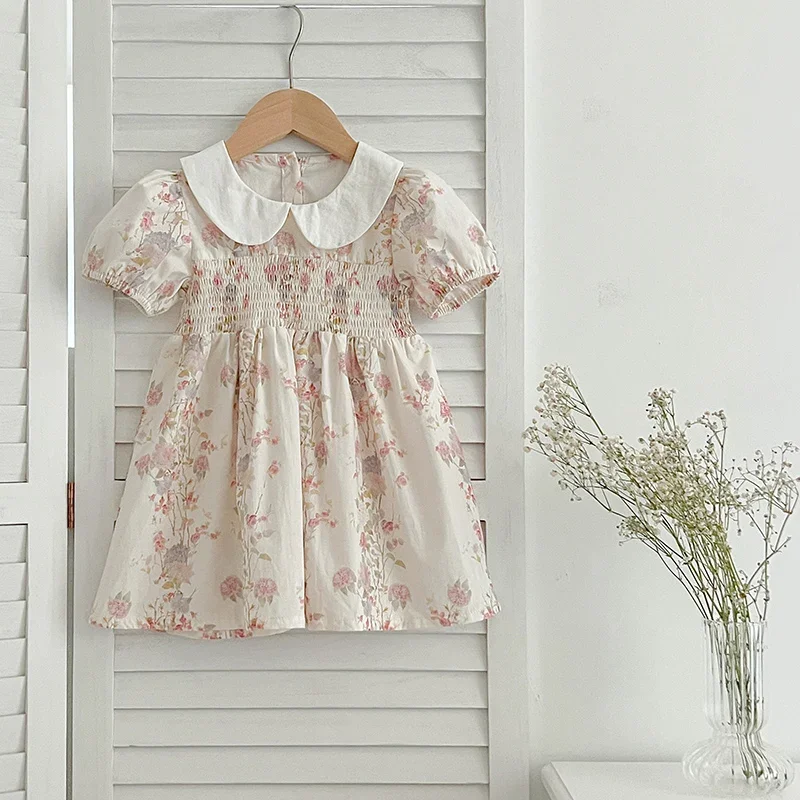 Mode Mädchen Kleid Rosa Blumen Retro Spitze Kleid Baumwolle Prinzessin Vestido Casual Rundhals Sommer Kleid Neue Süße Kinder Kleidung