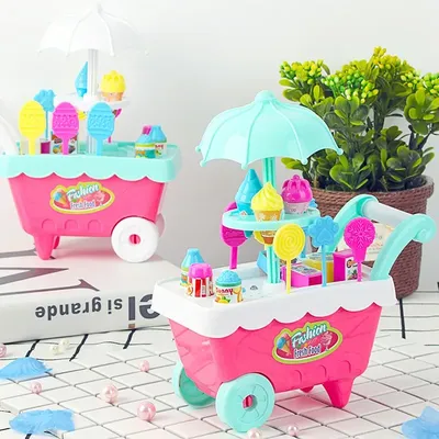Ice Cream Toys for Kids Toddlers Ice Cream Cart with Storage Trolley Pretend Play Food Shop Counter