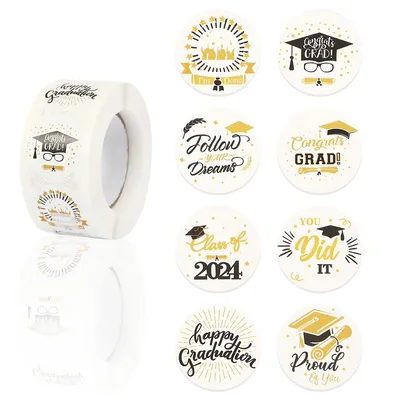 500pcs White Gold Graduation Stickers，Graduation Party Letter Graphic Gift Decal，8 Different Pattern