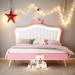 Queen Size Upholstered Bed Frame with LED Lights,Modern Upholstered Princess Bed With Crown Headboard