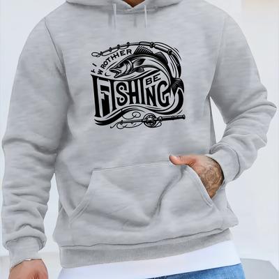 TEMU Fishing Print Men's Warm Pullover Round Neck Hoodies With Kangaroo Pocket & Drawstring Long Sleeve Hooded Sweatshirt Loose Casual Top For Autumn Winter Men's Clothing As Gifts Image