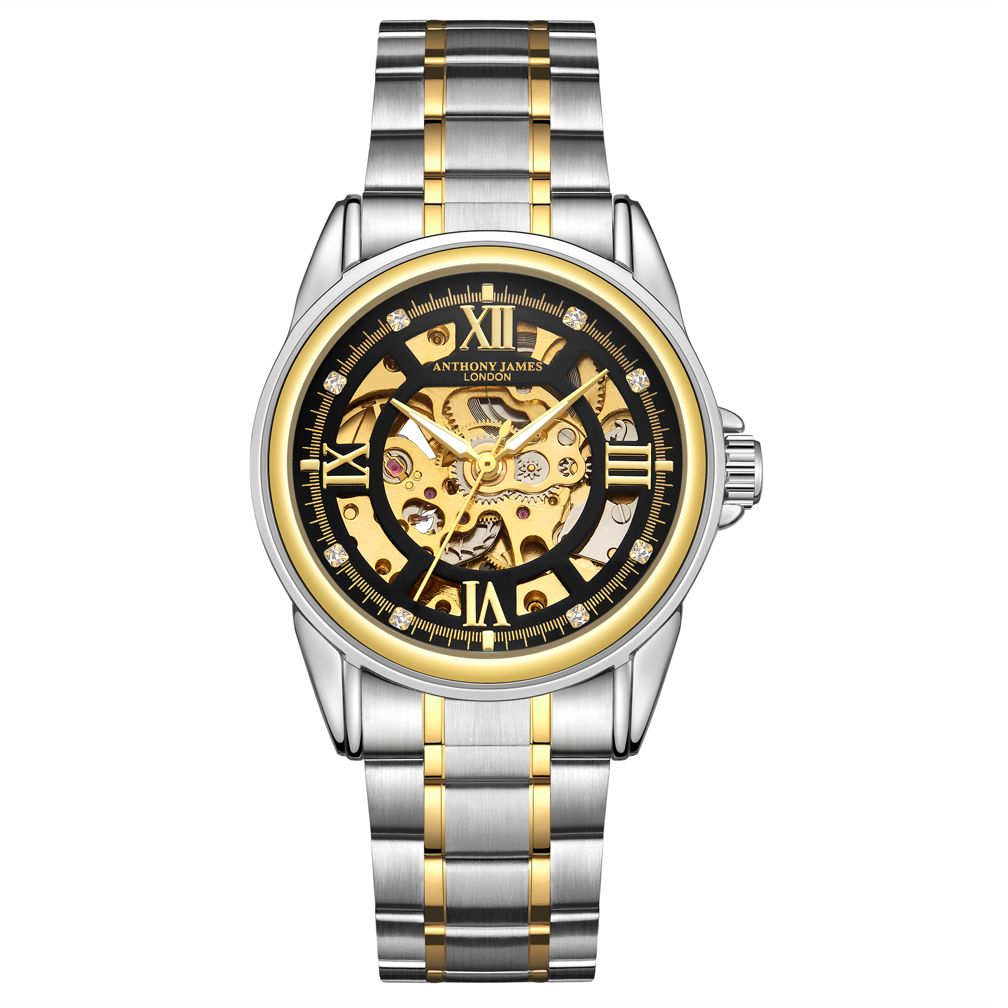 Handmontierte Anthony James Limited Edition Skeleton zweifarbig Gold & Stahl Herrenuhr Image