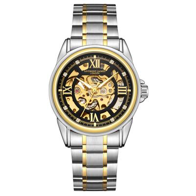 Handmontierte Anthony James Limited Edition Skeleton zweifarbig Gold & Stahl Herrenuhr