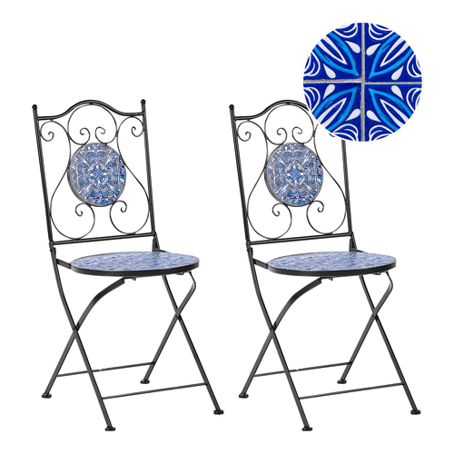 Gartenstühle 2er Set Schwarz u. Blau aus Metall Mosaik Muster Zusammenklappbar Klappstühle Outdoor Terrassenmöbel Gartenmöbel Balkonmöbel