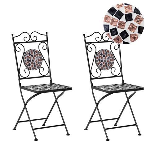 Gartenstühle 2er Set Schwarz u. Gold aus Metall Mosaik Muster Zusammenklappbar Klappstühle Outdoor Terrassenmöbel Gartenmöbel Balkonmöbel