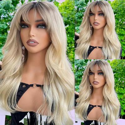 Remy Human Hair 13x4 Lace Front Wig With Bangs Vietnamese Hair Wavy Blonde Multi-color Wig 130% 150% Density Ombre Hair Natural Hairline 100% Virgin Glueless For Women Long Human Hair Lace Wig