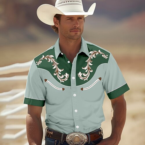 Herren Hemd Westernhemd Cowboy-Shirt Kurzarm Westernstil Tribal Sommer Frühling Hemdkragen Gelb Grün Khaki Dunkelblau Image