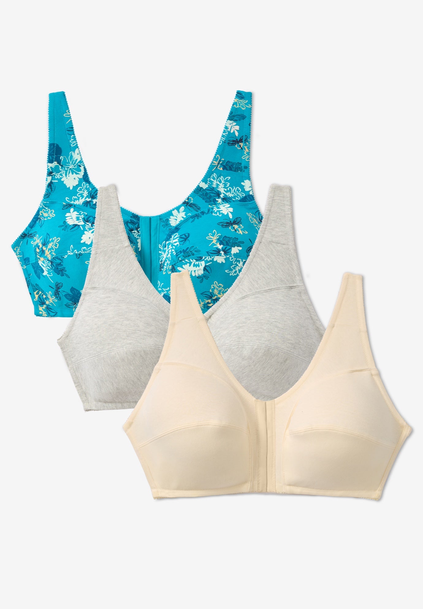 Plus Size Women's 3-Pack Front-Close Cotton Wireless Bra by Comfort Choice in Dark Turq Assorted (Size 52 C)