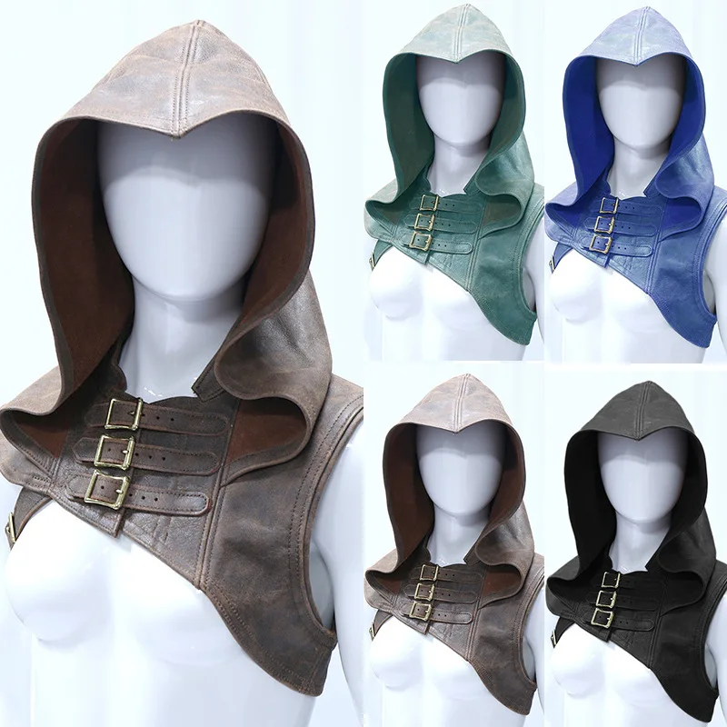 Kapuze Leder Umhang Cape Cowl Erwachsenen mittelalter lichen Wicca Kostüme heidnischen Accessoire Cosplay Attentäter Hut Krieger Outfit für Frauen Männer Image
