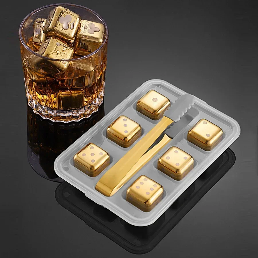Eiswürfel aus Edelstahl 304, wieder verwendbare Whisky-Steine, Würfel-Poker-Muster, schnell gefrorene Metall-Eispellets, Bierkühler-Bar-Werkzeug Image